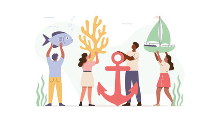 A group of four diverse figures one holding a blue object presented in a vibrant colorful vector illustration suitable for various design applications