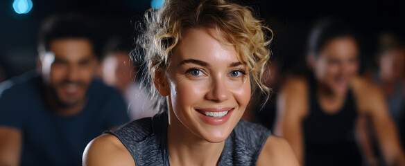 Enthusiastic crew rocking a tough indoor cycling session side by side