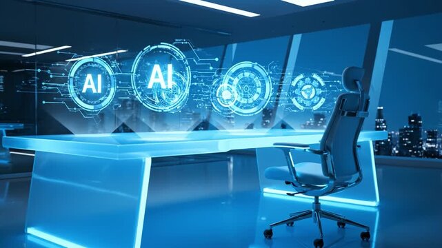 Futuristic office workspace glowing with AI innovation icons featuring modern chair, digital interface, advanced technology, sleek design, and inspiring environment for creativity and productivity