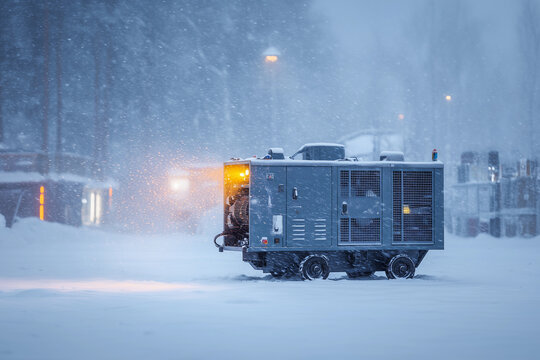 Diesel generator working in a heavy winter storm to ensure power supply during a blackout season with frost covering its surface