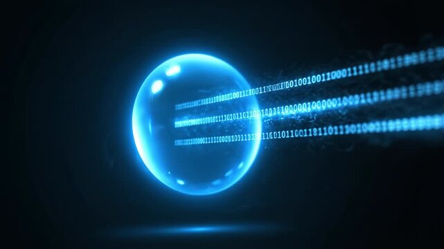 Digital data sphere with glowing blue binary code streams, futuristic technology concept featuring light effects and abstract data transmission visualization in dark background