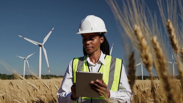 Wind energy expert monitors wheat field and wind turbines during a sunny afternoon