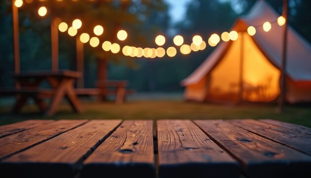 Wooden table in foreground. Lit tent and picnic table in background at night. String lights glow over campsite, offering cozy outdoor setting. Nature scene perfect for evening meal. - Powered by Adobe