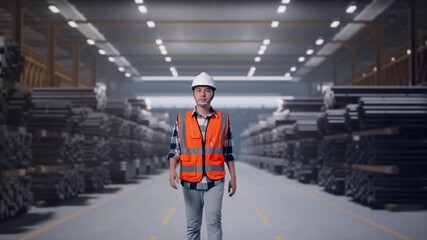 Front View of Asian Male Engineer Walking at Warehouse Storage of Rolled Steel Metal Bars, Rods or Billets
