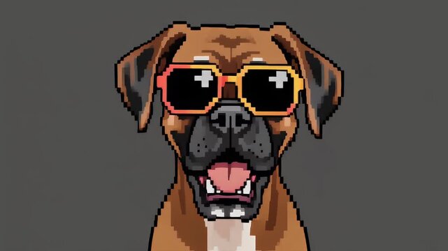 Pixel Art Boxer Dog Wearing Cool Sunglasses Against a Gray Background