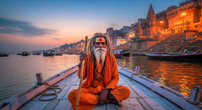 A portrait of a Sadhu (holy man) with a long white beard and dreadlocks, wearing vibrant orange robes and a red tilak, sitting in the front of a wooden boat on the Ganges River. He holds a staff.