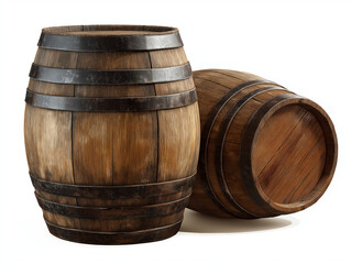 Obraz premium Two brown wooden barrels with metal bands suitable for rustic decor, winemaking, whiskey aging, or farm themed designs.