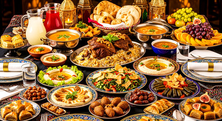 Luxurious Middle Eastern Feast With Dishes, Bread, Fruit, and Beverages on an Ornate Table