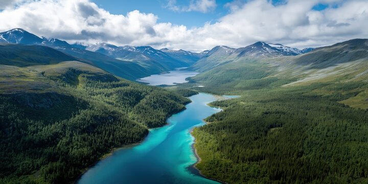 Scenic aerial view of turquoise river and lush green valley with mountain range in background - Powered by Adobe