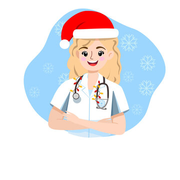 Cheerful blonde female doctor or nurse in a Santa hat, with a stethoscope decorated with Christmas lights