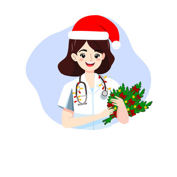 Christmas-themed doctor or nurse character with a Santa hat and a joyful expression