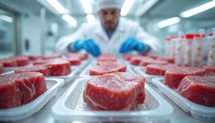 Scientist in lab coat and blue gloves works with packaged meat slices. Rows of raw beef steaks are prepared for analysis in a sterile food production facility. Future food tech advances protein.