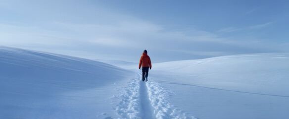 Naklejka premium Solo adventurer embraces solitude crossing untouched snow on a lonely winter path.