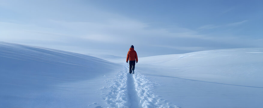 Fototapeta Solo adventurer embraces solitude crossing untouched snow on a lonely winter path.