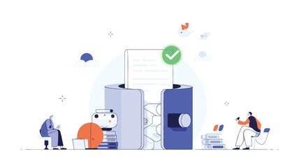 A glowing green checkmark symbol indicating approval or success presented on a clean document background with vibrant color elements and clear typography