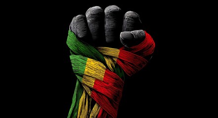 A clenched fist powerfully wrapped with the vibrant flag of mali