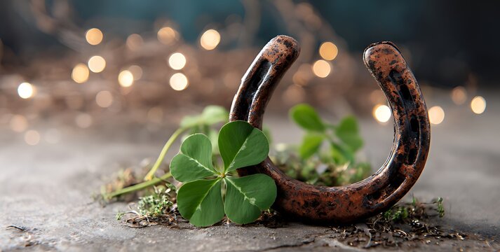 A lucky horseshoe and four leaf clover resting on a rustic wooden surface
