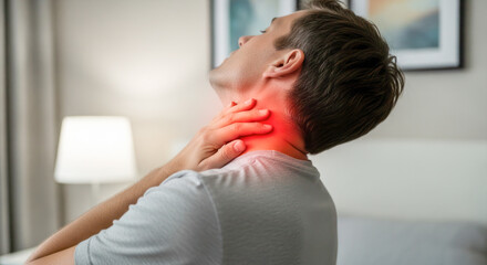 Young man experiencing neck pain while sitting on bed, holding his neck in discomfort, highlighting the impact of stress on health