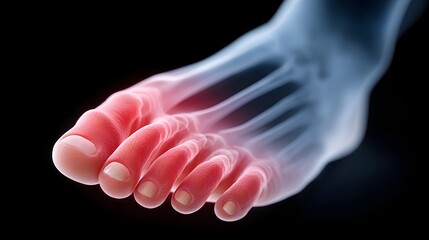 human foot X-ray showing inflamed toes and pain area, medical anatomy and podiatry concept