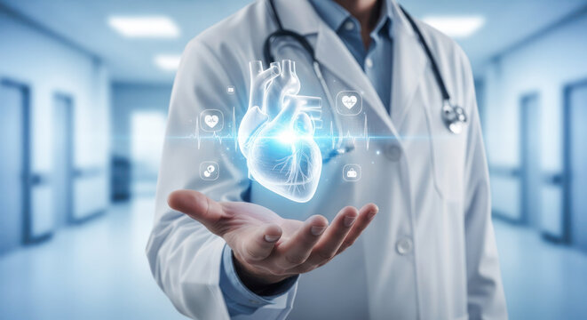 Medical professional in white coat presenting holographic heart with health icons in a modern hospital corridor, illustrating healthcare technology concept - Powered by Adobe