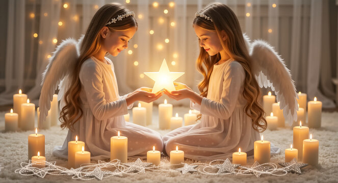 Two young girls in angel costumes holding a glowing Christmas star. Twin children surrounded by festive candles for a holiday celebration