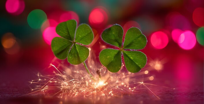 Two vibrant four leaf clovers sparkle with tiny firework like lights