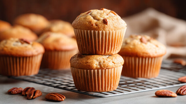 Pecan muffins stacked on a cooling rack, surrounded by scattered nuts, showcasing delicious baked goods in a warm, inviting kitchen atmosphere