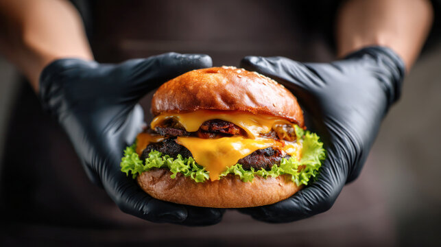 Hands holding a delicious cheeseburger with melted cheese, fresh lettuce, and a sesame seed bun, showcasing appetizing food presentation and texture