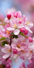 Fototapeta premium Vibrant Pink Apple Blossoms in Bloom on a Tree, Capturing the Essence of Spring in a Garden Setting