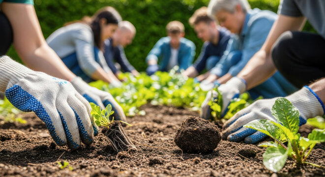 Group of diverse individuals planting vegetables in community garden, showcasing teamwork and connection to nature in vibrant outdoor setting