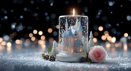 A glowing candle illuminates a winter scene inside a decorative glass holder