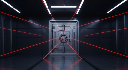 Futuristic high-security bank vault corridor protected by a red laser beam security system