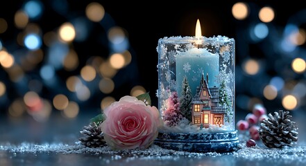 A festive winter scene encased within a glowing candle with delicate floral accents
