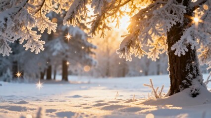 Snow-covered pine trees in a winter forest at sunrise with golden sunlight filtering through branches