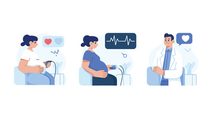 A vibrant three scene illustration depicting a pregnant woman in various stages of anticipation and joy suitable for maternity or family themed designs