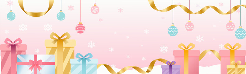 Pastel Pink Christmas Banner with Gifts and Golden Ribbons