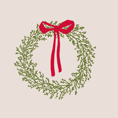 Hand drawn sketch elegant delicate line art Christmas wreath