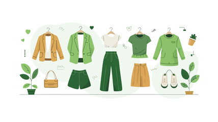 Flat design illustration of a versatile capsule wardrobe with essential clothing items and accessories presented in a clean modern aesthetic suitable for fashion or lifestyle content