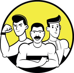 3 handsome fit sportsmen guys 70s. Circle cartoon bw graphic vector symbol with sporty squad