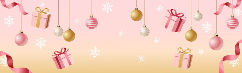 Soft Pink Festive Banner with Hanging Ornaments and Tiny Gifts