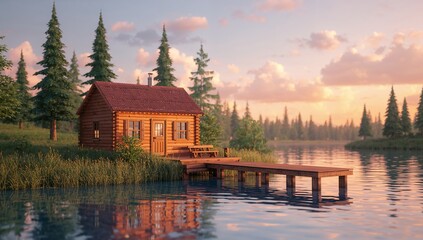 Fototapeta premium Cozy wooden cabin by serene lake during sunset with pine trees