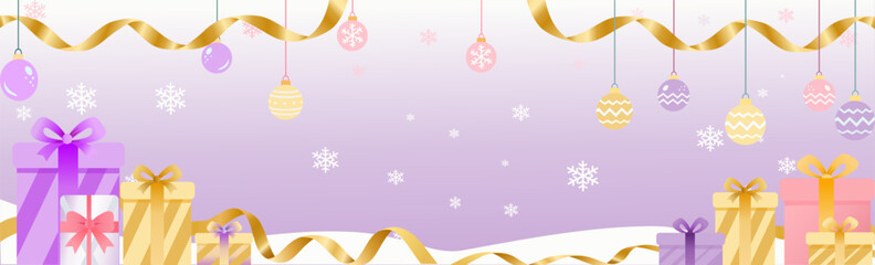 Purple and Gold Pastel Christmas Banner with Hanging Ornaments