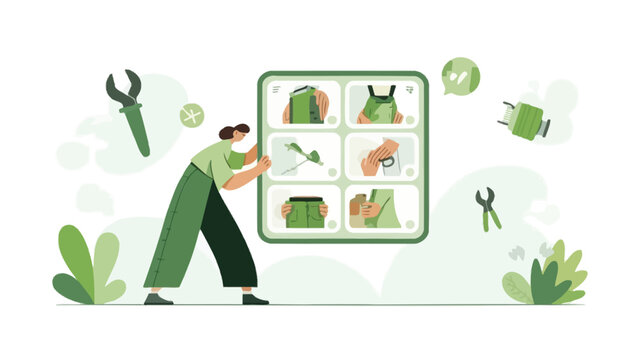 Illustration of a person engaged in a diy home repair project following instructions from a tutorial with tools and materials laid out