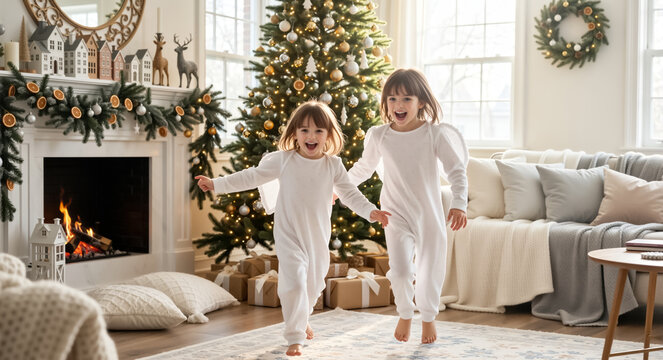 Two happy sisters in pajamas running on Christmas morning. Excited children playing in a festive living room with a decorated tree and fireplace.