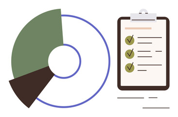 Circular pie chart with segmented sections and checklist on clipboard with green checkmarks. Ideal for business planning, productivity, research, strategy, organization, reports, simple flat metaphor