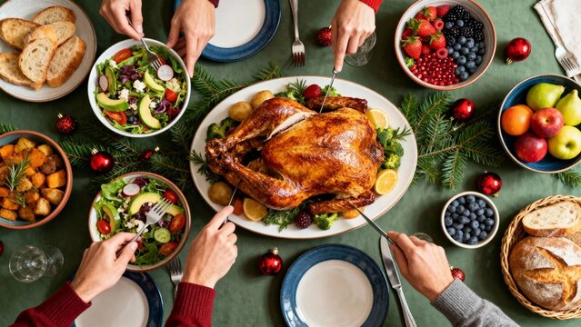 A festive holiday meal featuring a roasted turkey, fresh salad, fruits, and bread, shared by multiple people at a table adorned with seasonal decorations.
