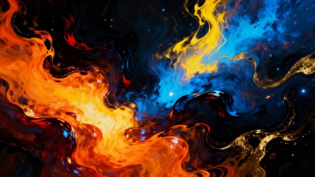 Abstract cosmic nebula with swirling fiery and blue hues against a starry dark background