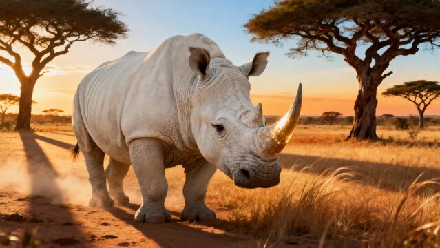 White rhinoceros walking through a dusty savanna at sunset