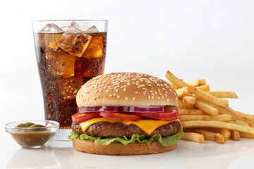 hamburger, fires and cola on white background
