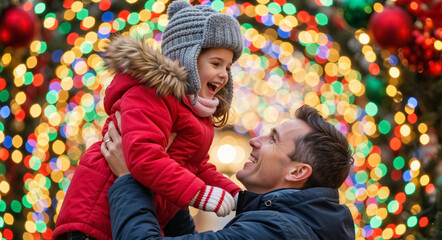 A joyful father lifts his laughing daughter during a christmas celebration. Happy family enjoying a winter holiday moment with festive bokeh lights